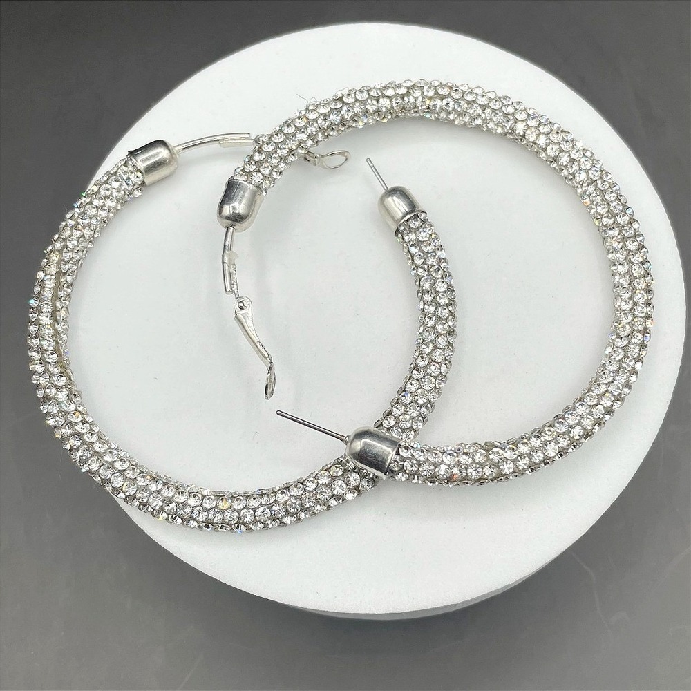 Vintage Silver Tone Rhinestone Encrusted Statement Chunky Hoop Earrings